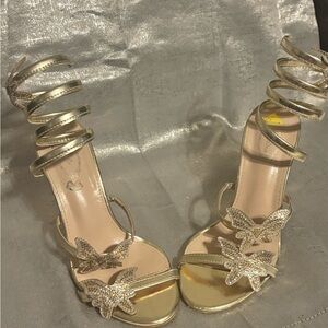 Elegant Gold Strappy Atalina Heels with Butterfly Accents